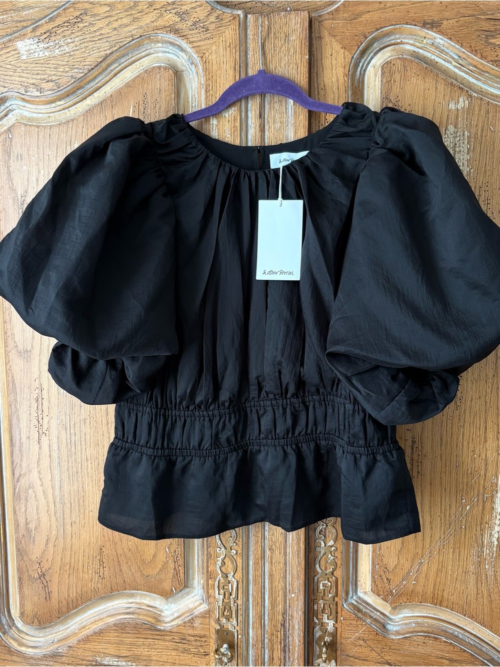 & Other Stories Black Puff Sleeve Peplum Top NWT L